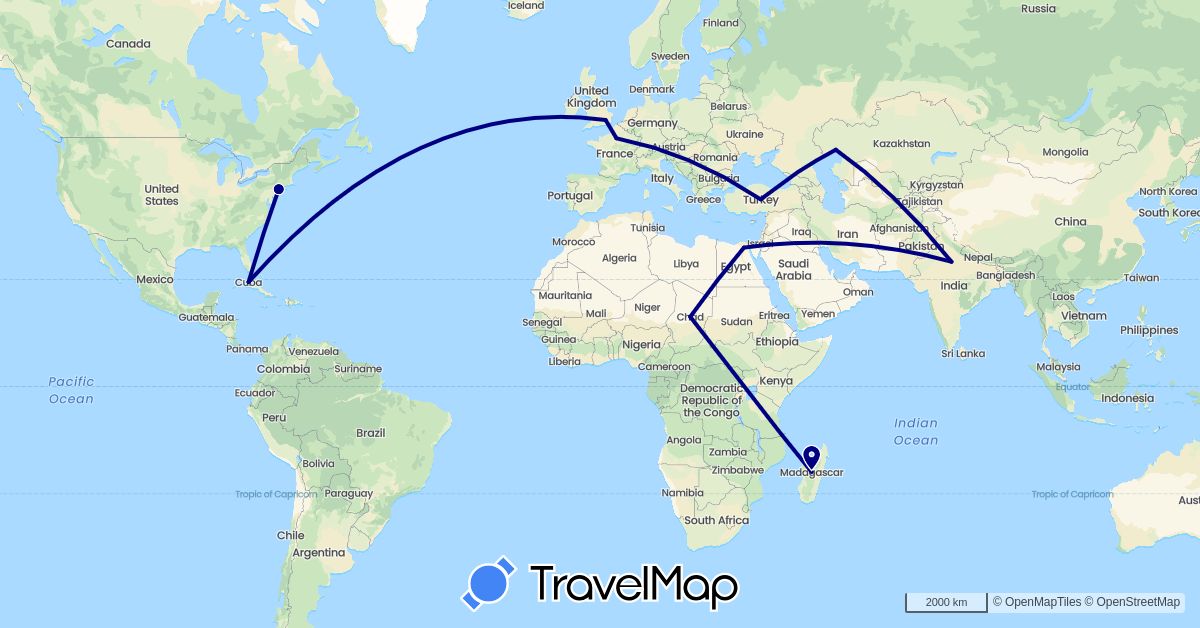 TravelMap itinerary: driving in Cuba, Egypt, France, United Kingdom, India, Kazakhstan, Chad, Turkey, United States (Africa, Asia, Europe, North America)